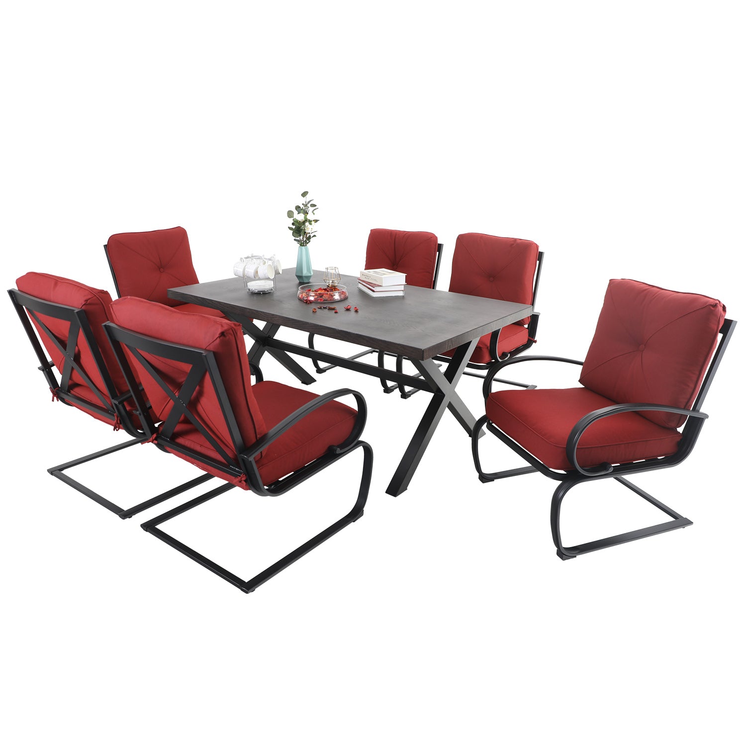 Sophia & William Wood-look Patterned Rectangle Table & 6 Cushioned C-spring Dining Set Patio Outdoor Dining Set