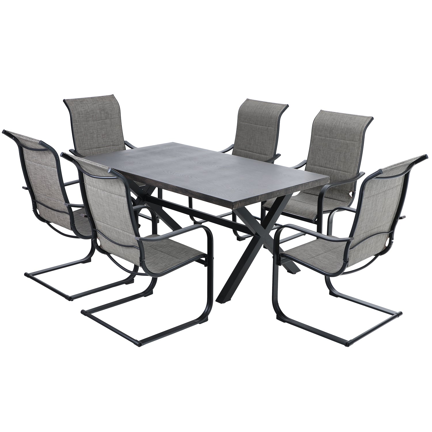 MFSTUDIO Wood Pattern Table & 6 Textilene C-Spring Chairs 7-Piece Patio Dining Set
