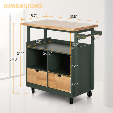 PHI VILLA Rubber Wood Tabletop Kitchen Island Cart with Drawers and Towel Rack, Green
