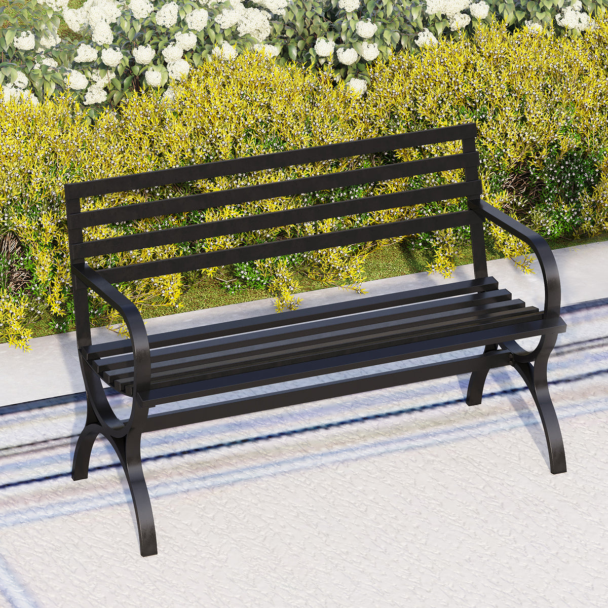 Phi Villa Black Outdoor Bench Set, Single Seat Chair & Metal Side Table