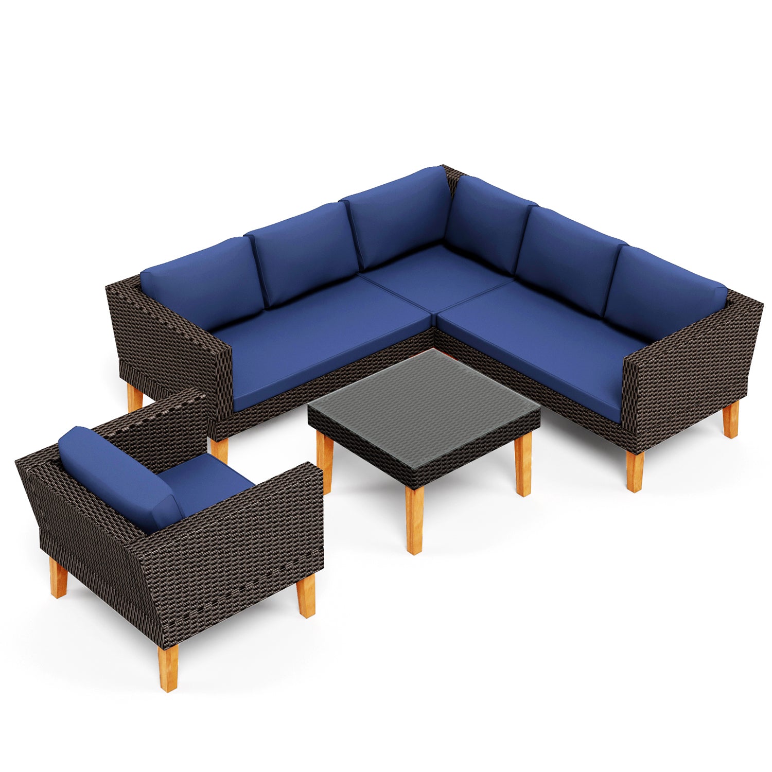 MFSTUDIO 5-Piece Patio Wicker Sectional Sofa Conversation Sets with Tempered Glass Table
