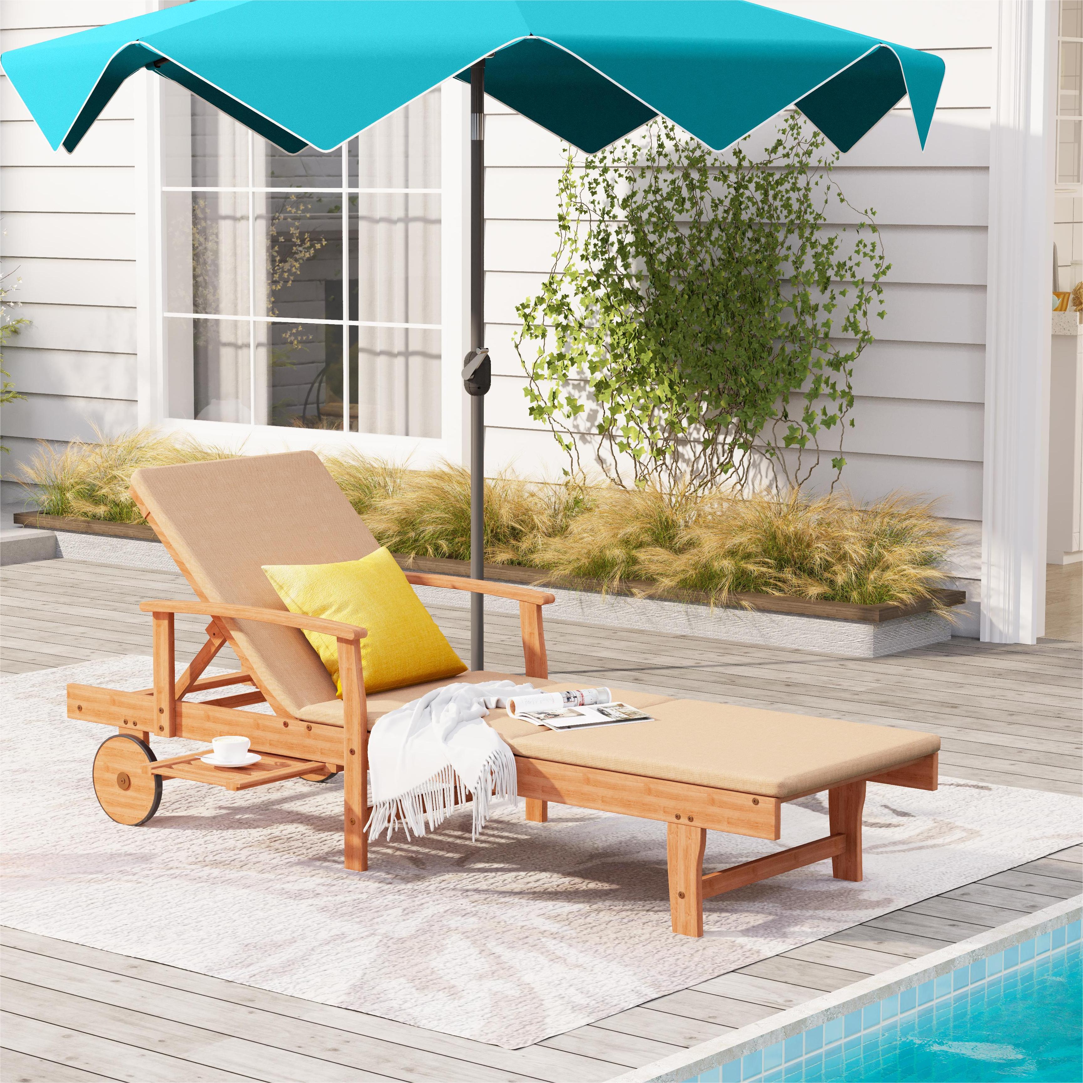 PHI VILLA Portable Folding Acacia Wood Adjustable Lounge Chair with cushions for Pool, Beach and Backyard