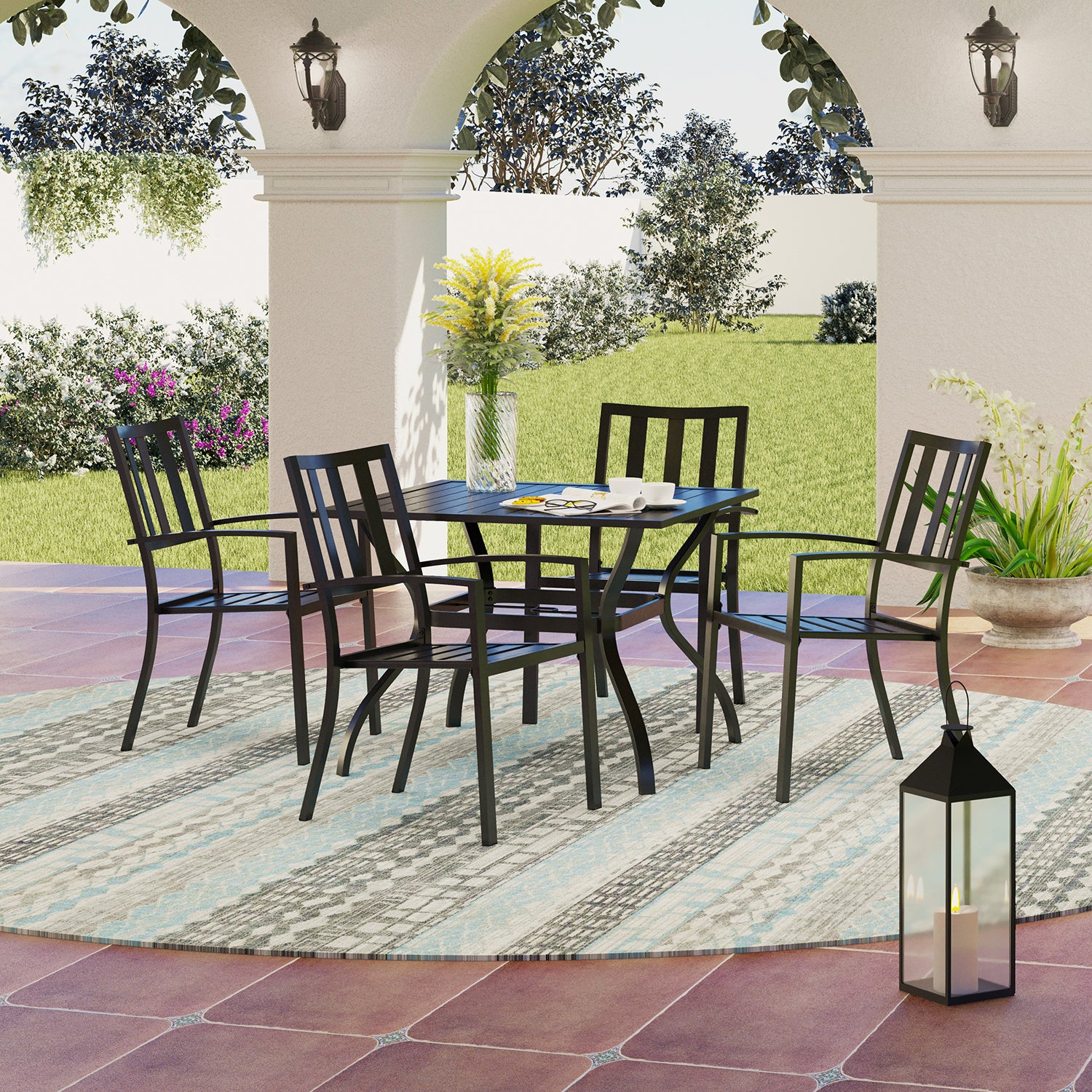 PHI VILLA 5-Piece Patio Dining Set Steel Square Table and Stackable Chair