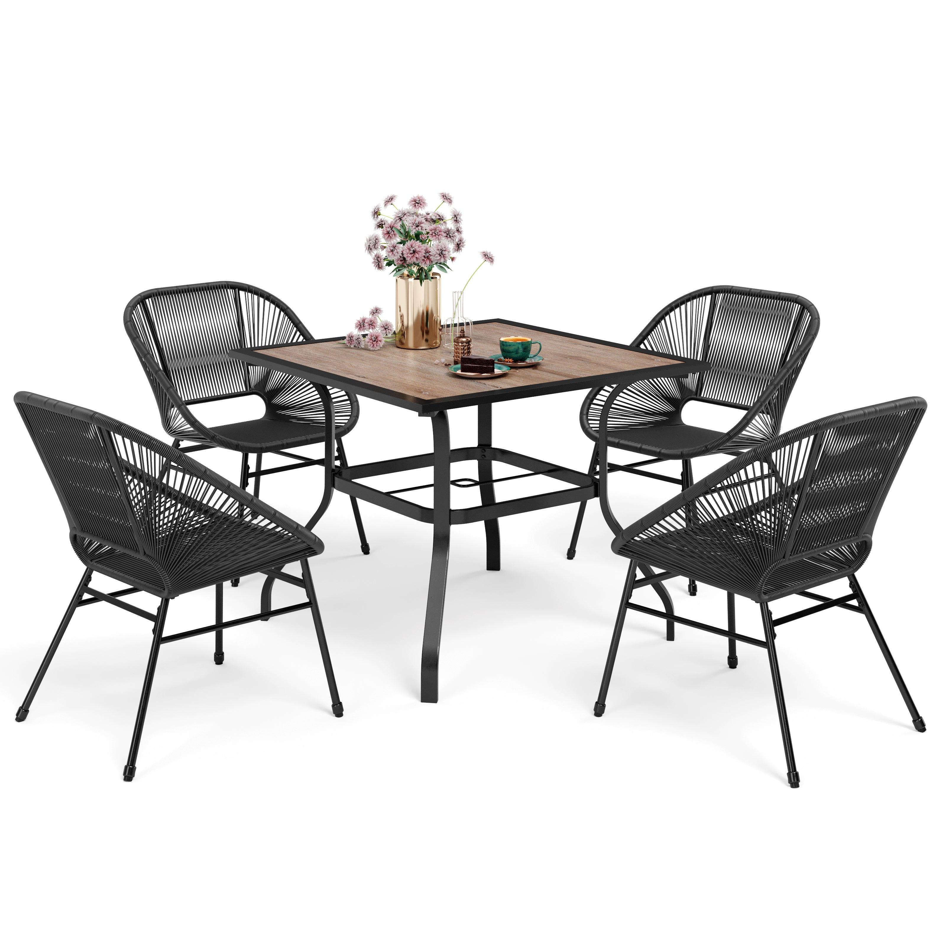 Sophia & William 5 Piece Patio Dining Set Black Frame Table Woven Rattan Chairs