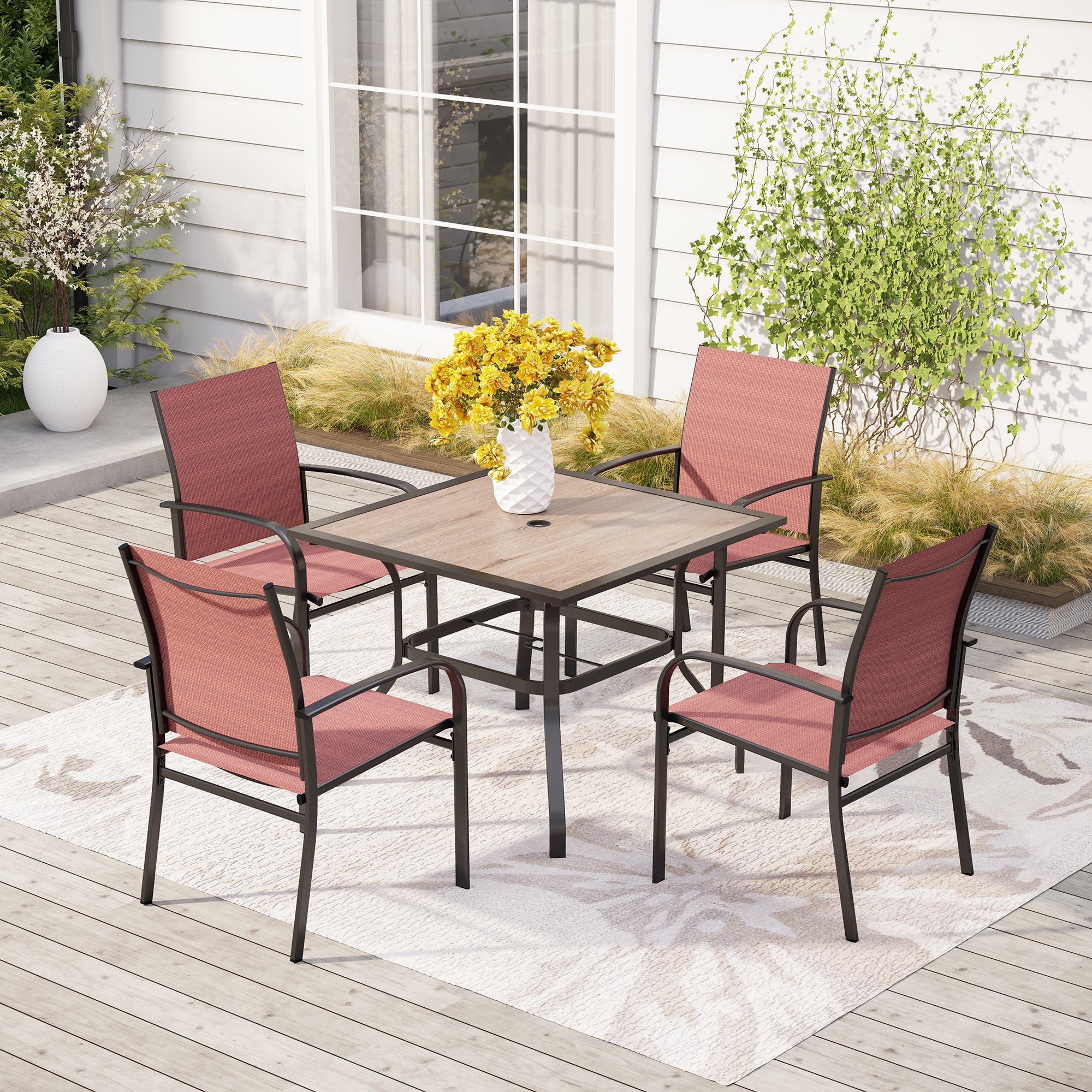 Sophia & William 5-Piece Patio Dining Sets Wood-look Square Table & Light Textilene Fixed Chair