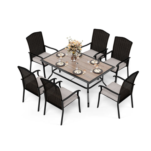Sophia & William 7-Piece Patio Dining Set Wood-look PVC Rectangle Steel Table & Fan-shape Rattan Chairs