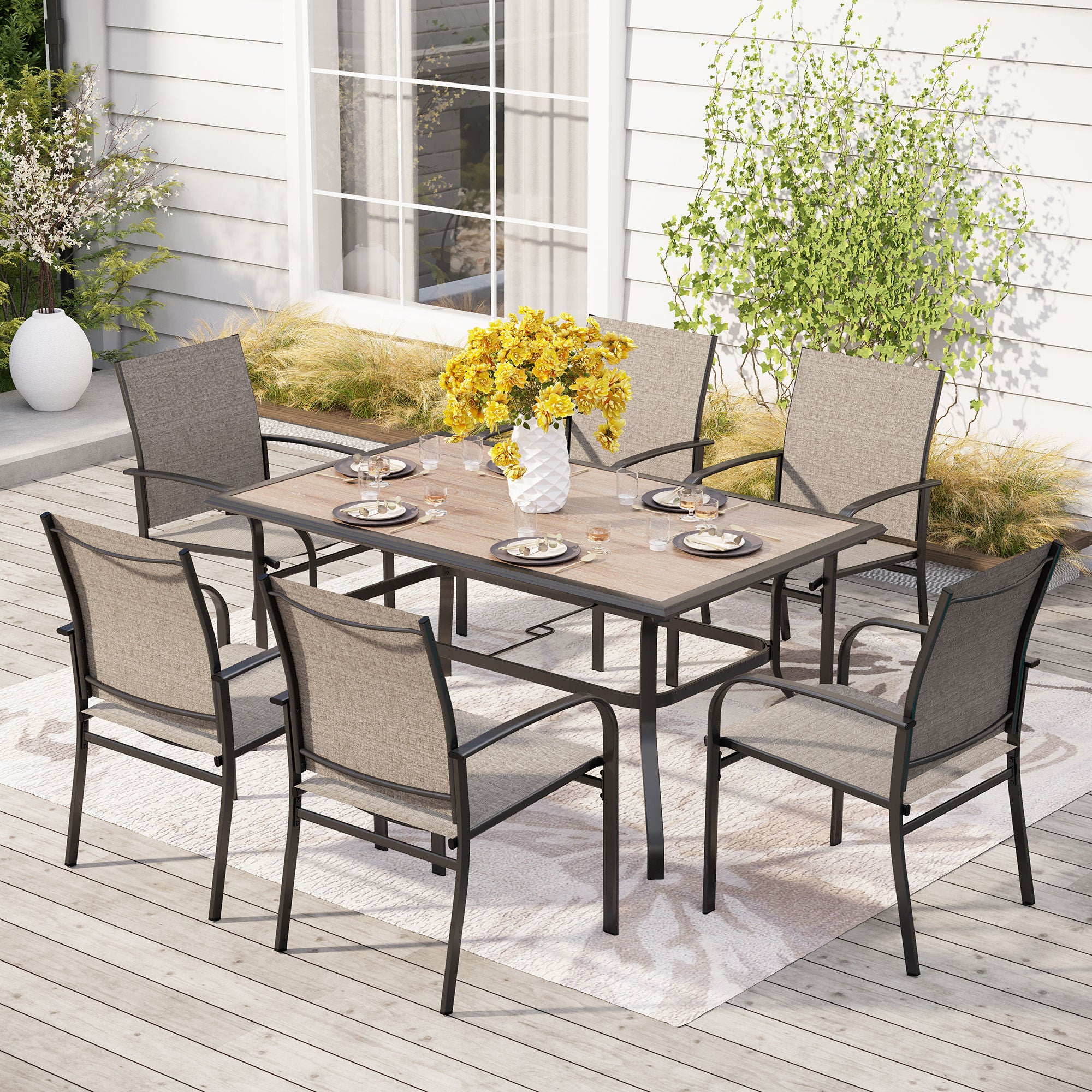 Sophia & William 7-Piece Patio Dining Sets Wood-look Table & Light Textilene Fixed Chairs