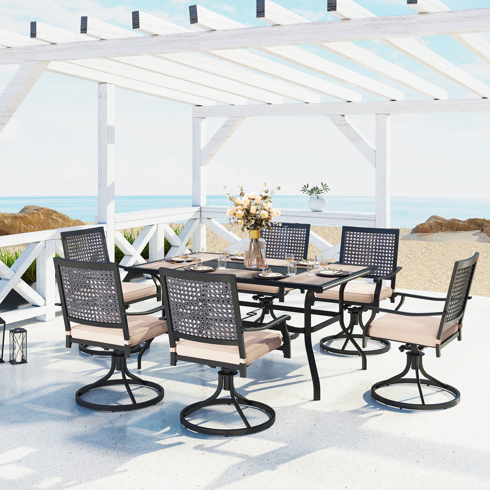 MFSTUDIO 7-Piece Outdoor Dining Set Geometric Rectangle Table & Bull's Eye Pattern Dining Chairs