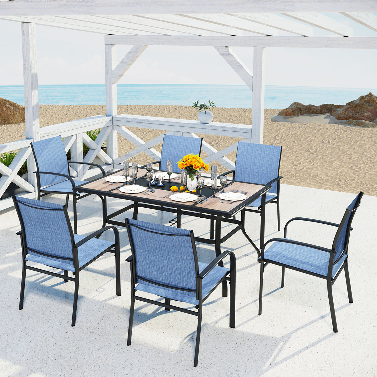 Sophia & William 7-Piece Patio Dining Sets Geometric Table & Textilene Fixed Chairs