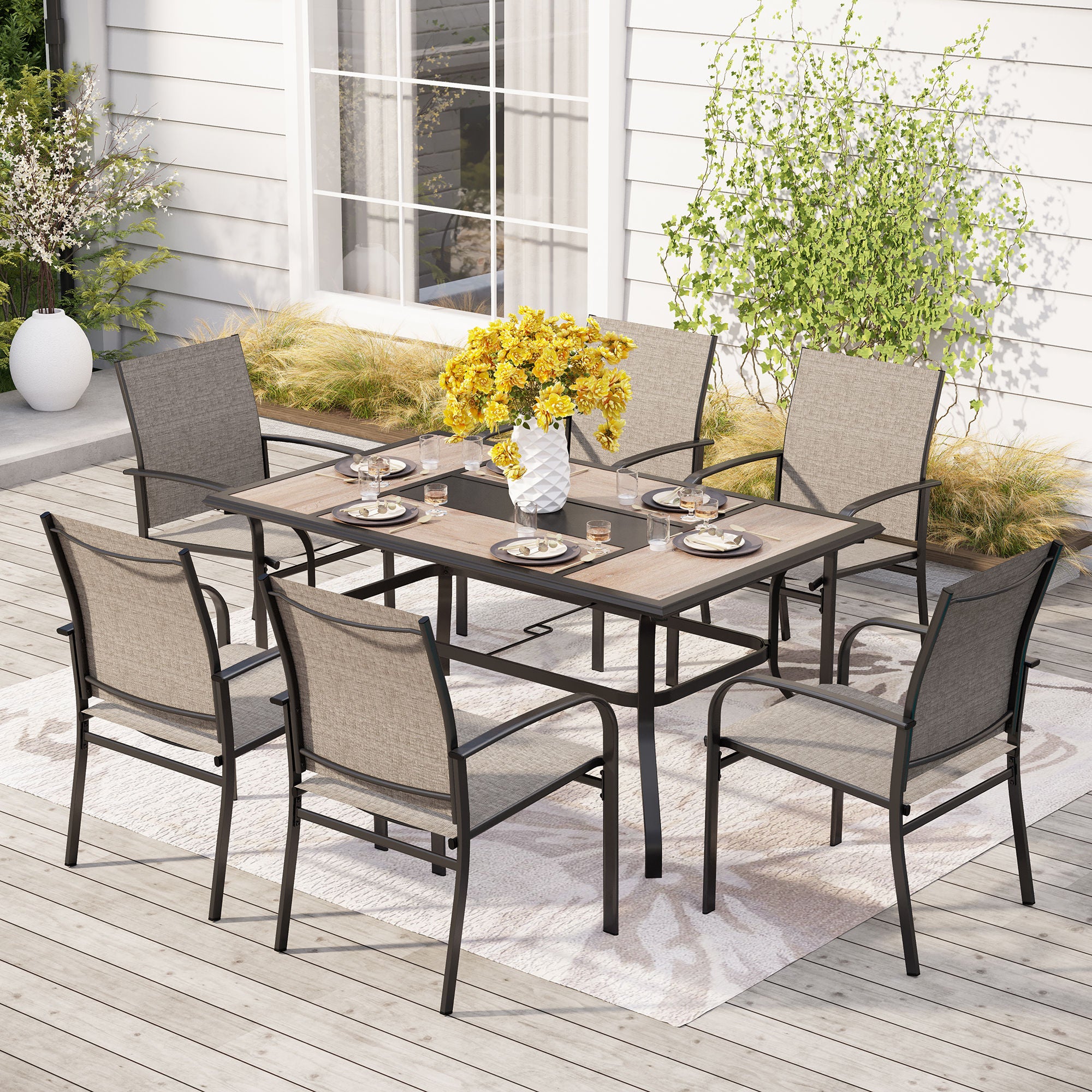 Sophia & William 7-Piece Patio Dining Sets Geometric Table & Textilene Fixed Chairs