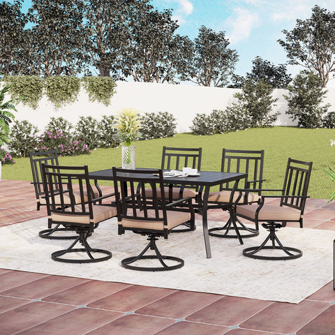 PHI VILLA 7-Piece Steel Panel Table and 6 Swivel Chairs Outdoor Patio Dining Sets