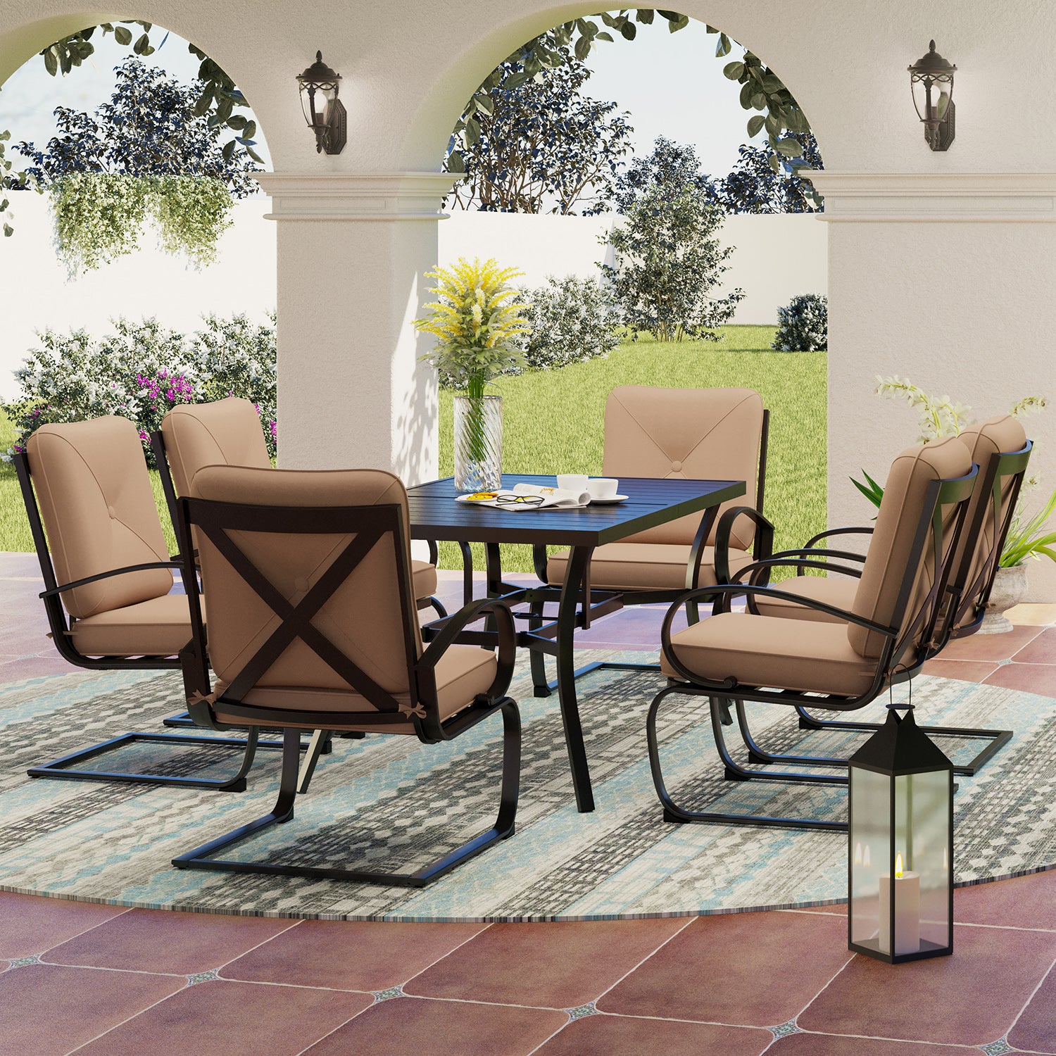 Sophia & William 7-Piece C-Spring Chairs & Steel Panel Table Patio Dining Set