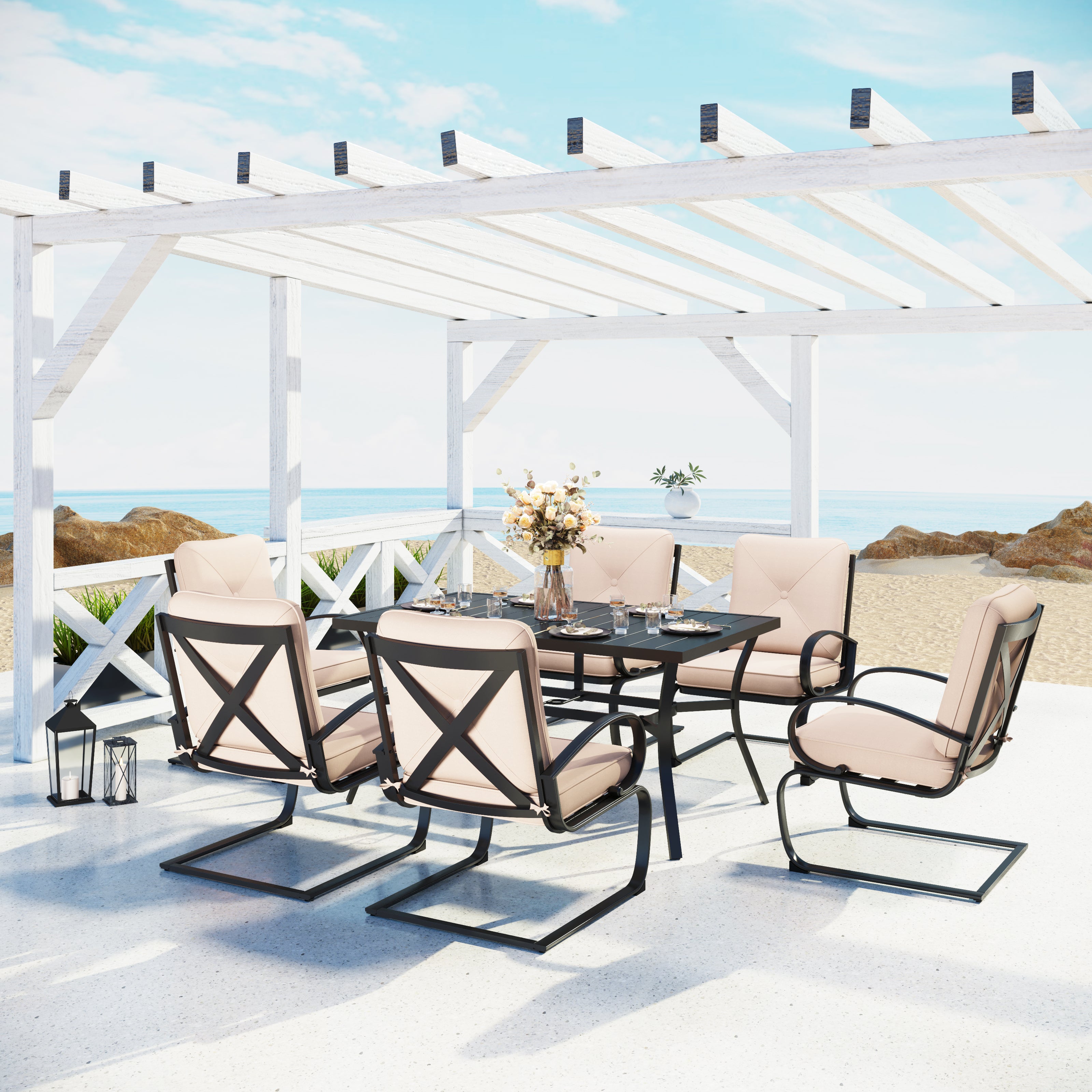 Sophia & William 7-Piece C-Spring Chairs & Steel Panel Table Patio Dining Set