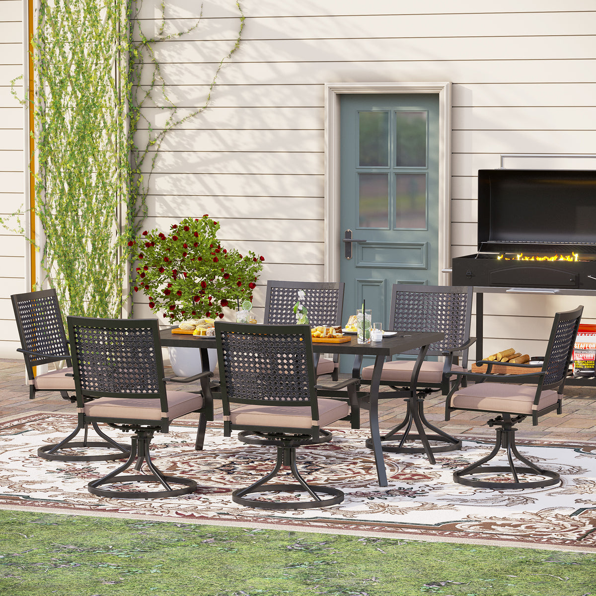 MFSTUDIO 7-Piece Outdoor Dining Set Steel Panel Table & Bull's Eye Pattern Dining Chairs