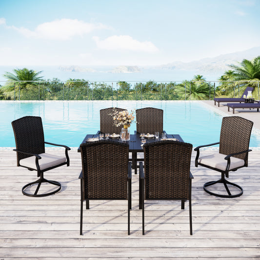 Sophia & William 7-Piece Patio Dining Set Steel Panel Table & Fan-shape Rattan Back Cushioned Dining Chairs
