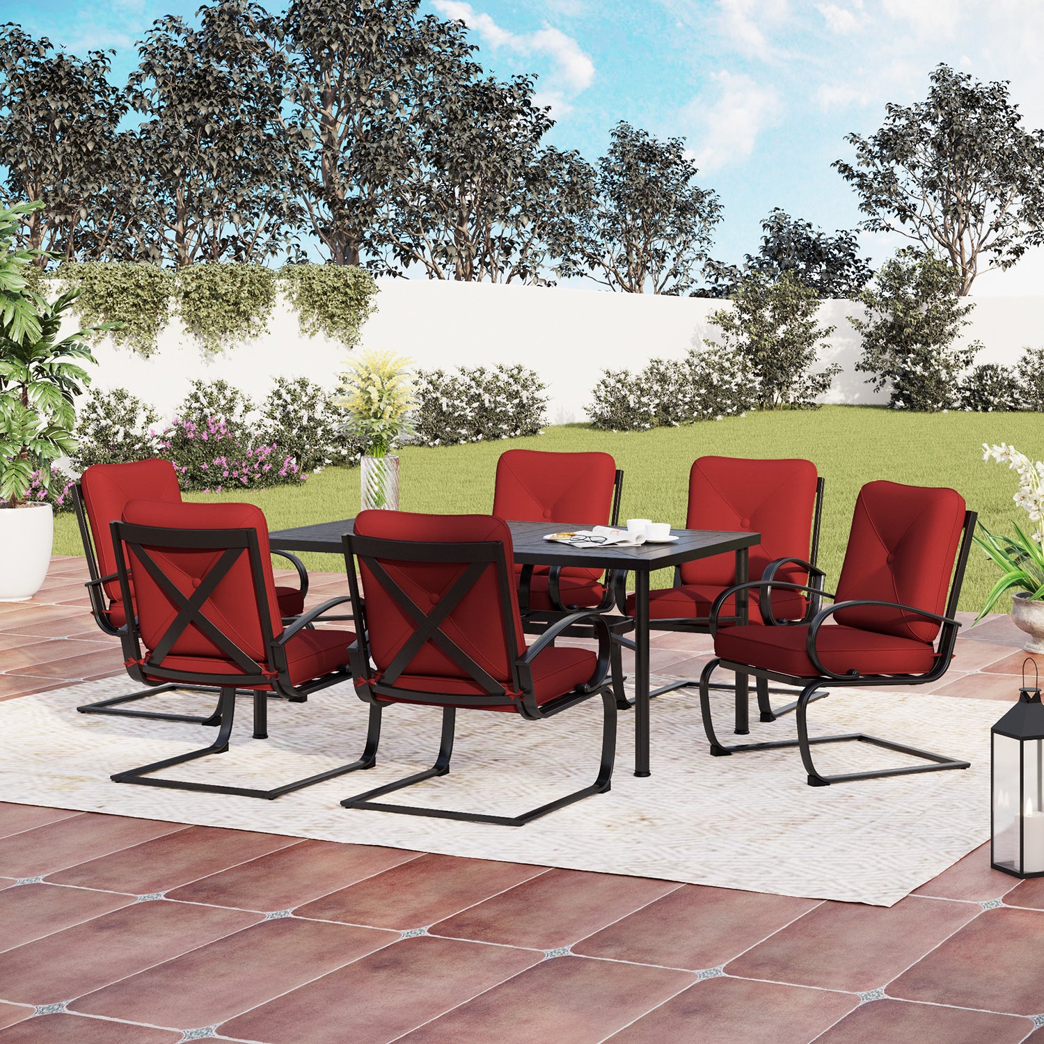 Sophia & William 7-Piece Outdoor Dining Set Geometrically Stamped Rectangle Steel Table & 6 Cushioned C-Spring Dining Chairs