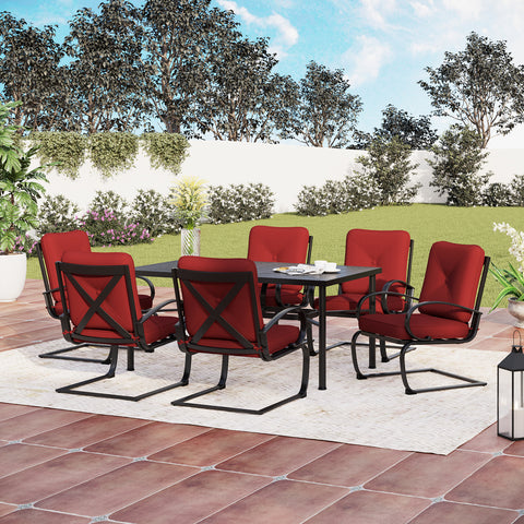 Sophia & William 7-Piece Outdoor Dining Set Geometrically Stamped Rectangle Steel Table & 6 Cushioned C-Spring Dining Chairs
