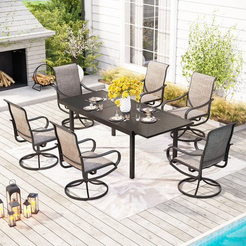 PHI VILLA 9/7-Piece Patio Dining Sets Extendable Table with Engraved Line &  Textilene Patio Swivel Chairs