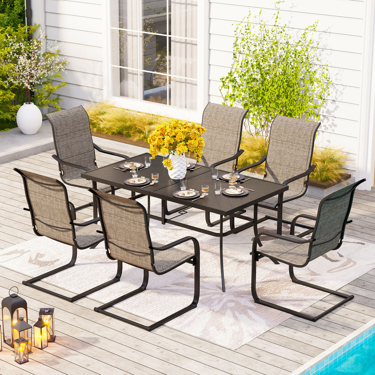 MFSTUDIO 7-Piece Embossed Rectangle Table & Padded Textilene C-spring Chairs