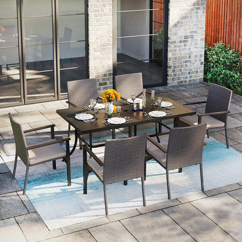 MFSTUDIO 7-Piece Patio Dining Set Embossed Table & Beige-cushion Rattan Fixed Chairs