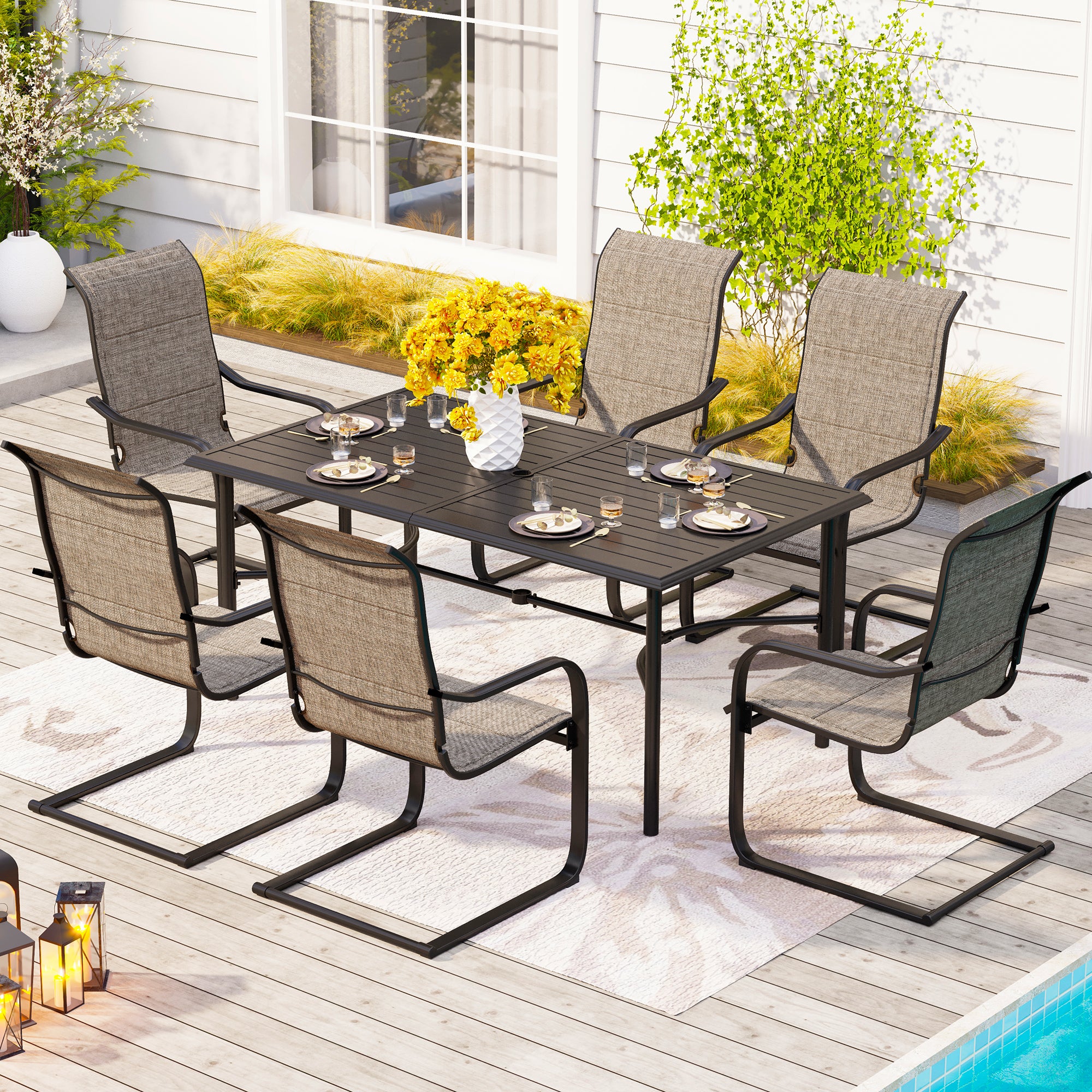 MFSTUDIO 7-Piece Patio Dining Set Bowed-bar Table & High-back Textilene C-spring Chairs