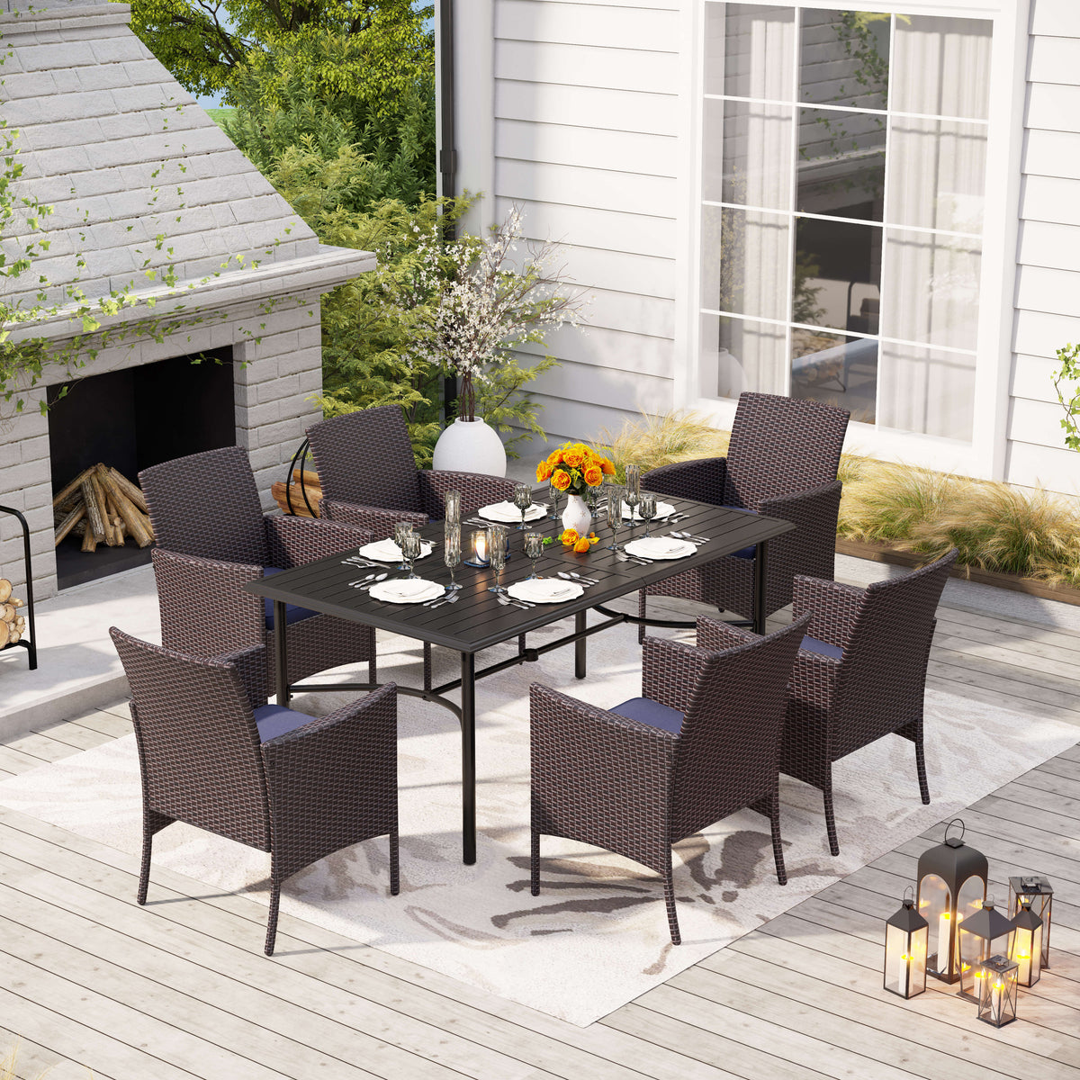MFSTUDIO 7-Piece Patio Dining Set Bowed-bar Table & Cushioned Rattan Fixed Chairs