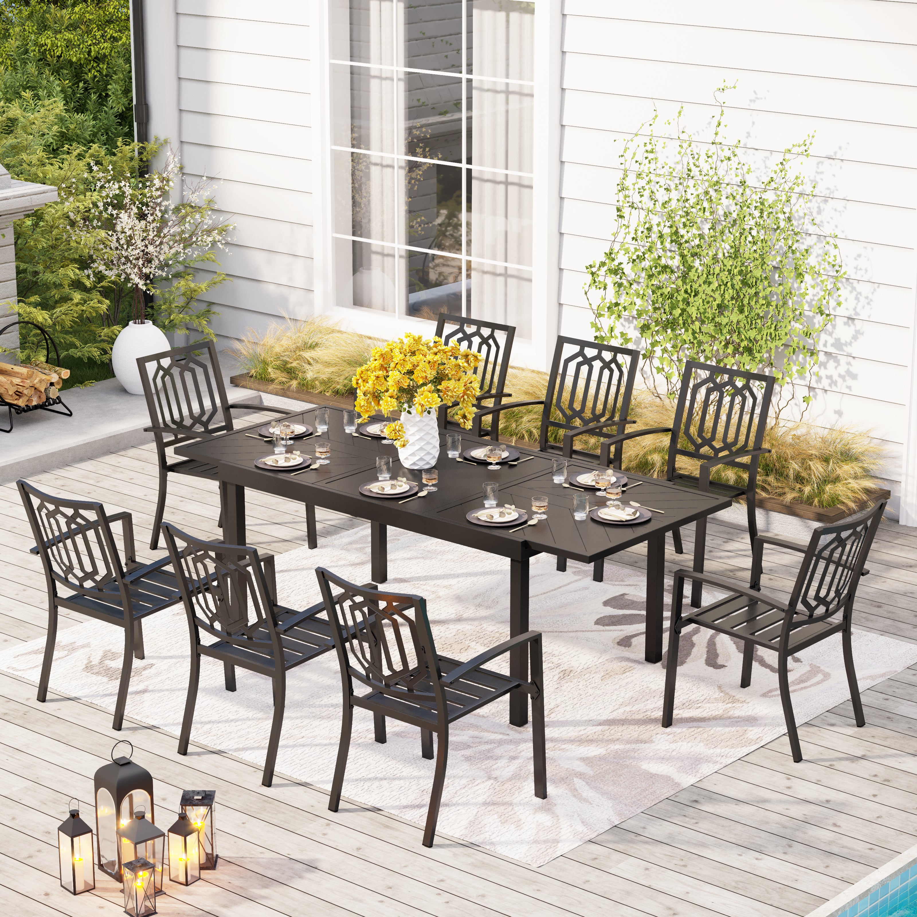 PHI VILLA 9-piece / 7-piece Patio Dining Sets Expandable Table and Classic Steel Chairs
