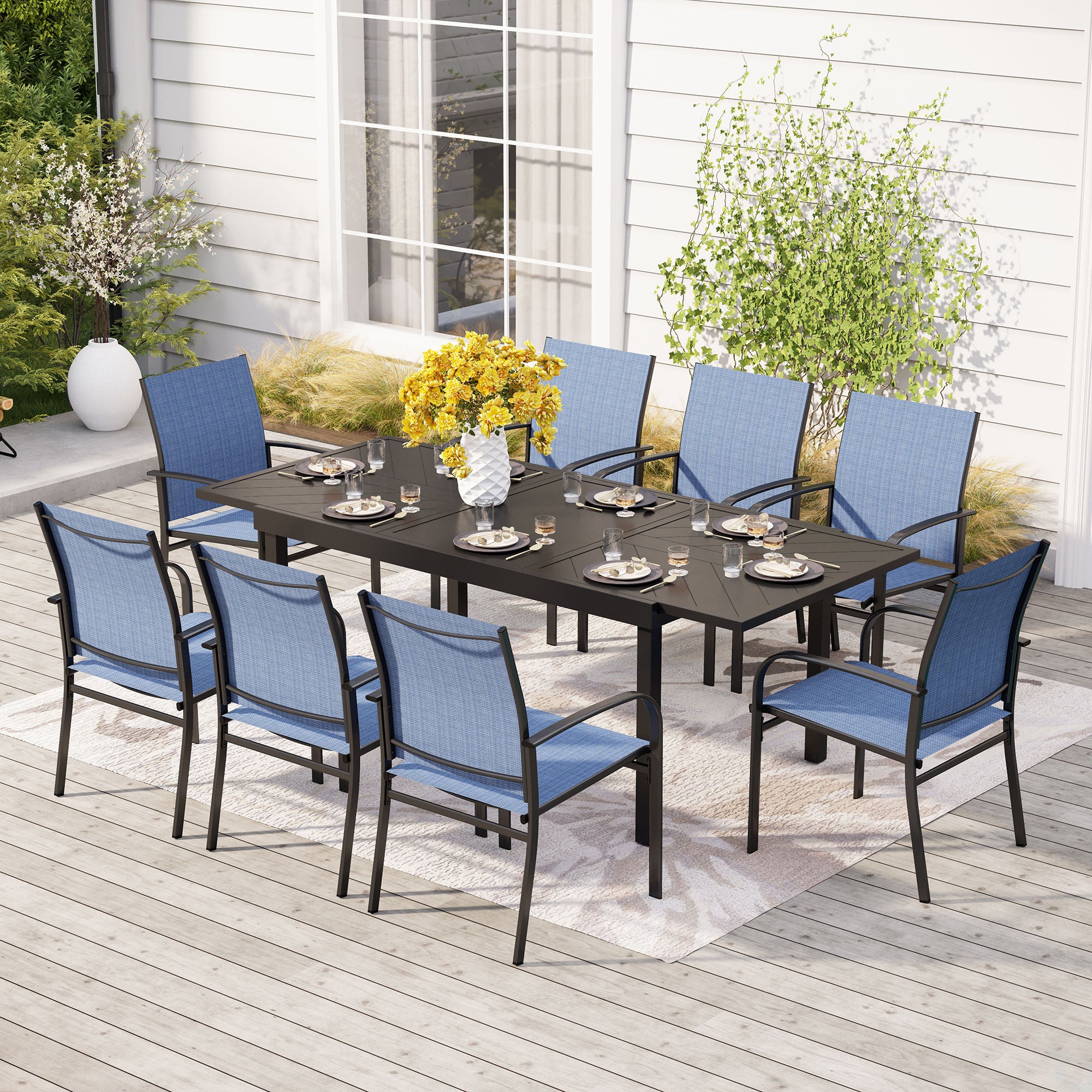 Sophia & William 9/7-Piece Patio Dining Set Embossed Extendable Table & Textilene Fixed Chairs