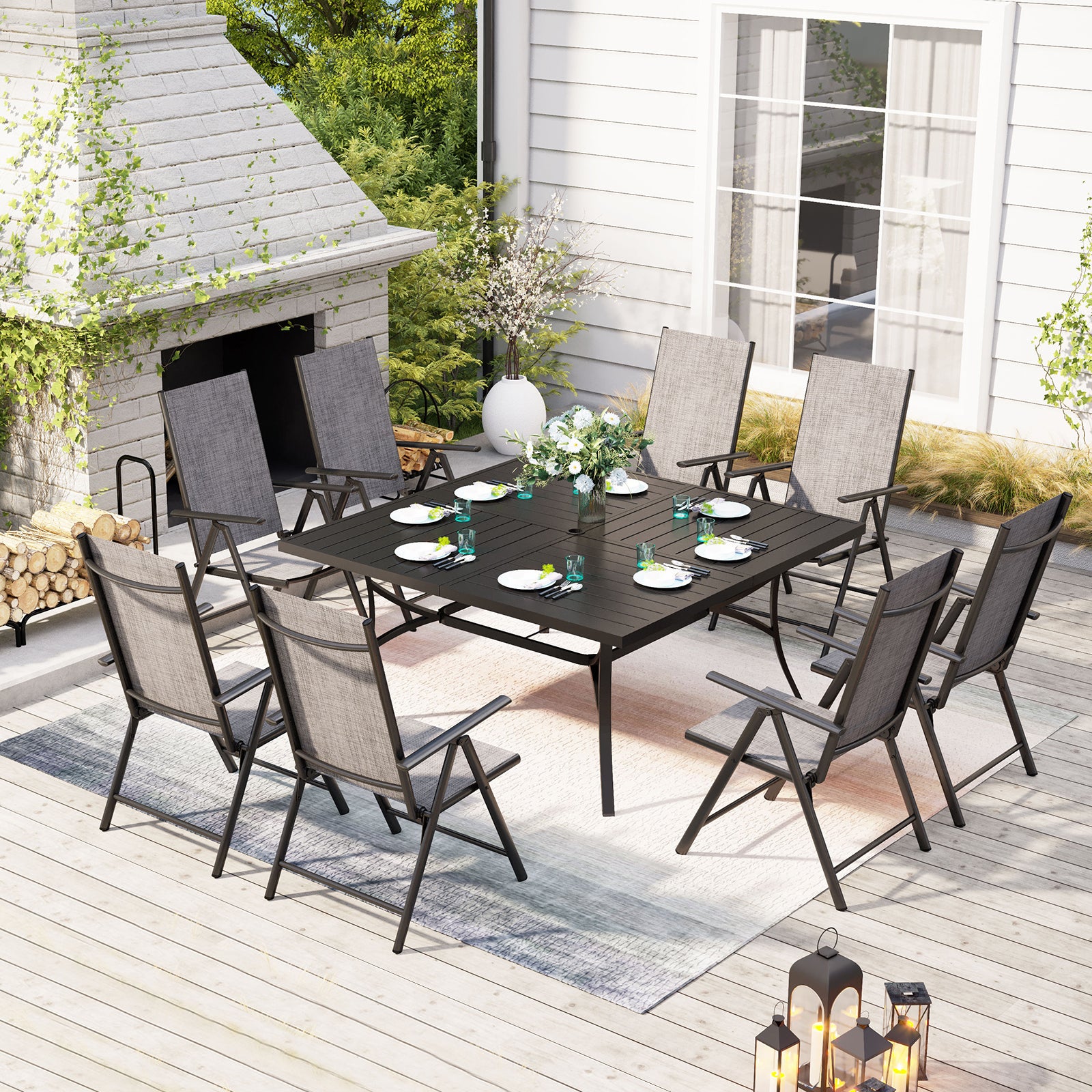 Sophia & William 9-Piece Patio Dining Sets Large Square Table & Textilene Foldable Chair