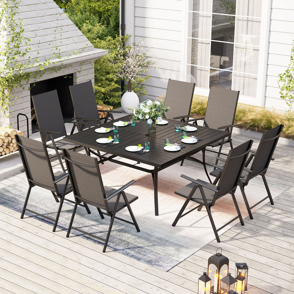Phi Villa 9-Piece Patio Dining Sets Large Square Table & Textilene Foldable Chair