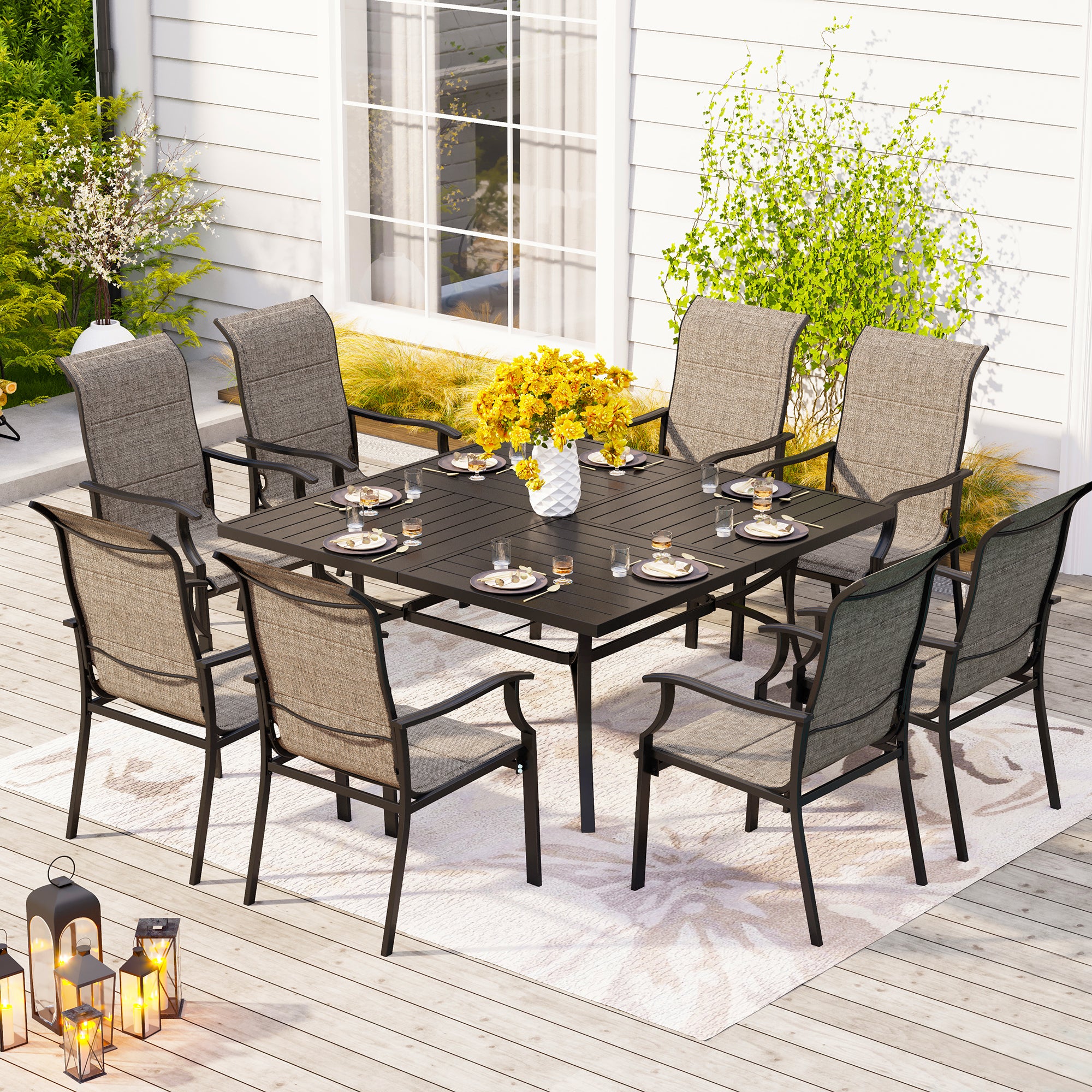 PHI VILLA 9-Piece Wrought Square Table & Padded High-back Textilene Chair Patio Dining Set