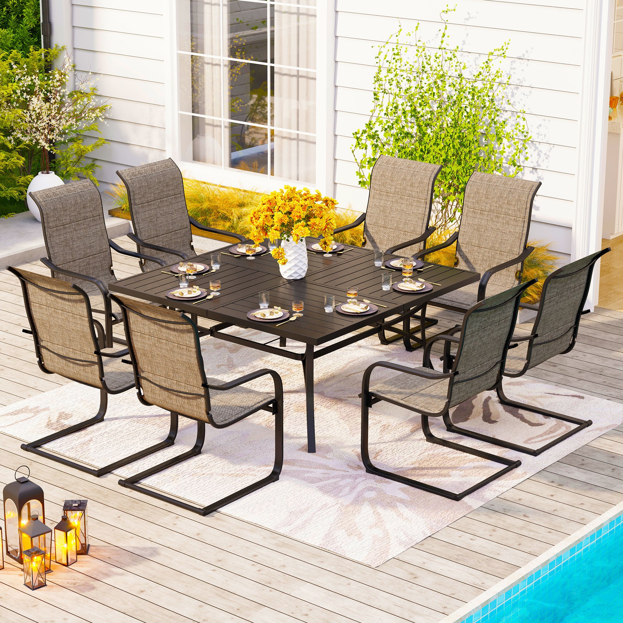 PHI VILLA 9-Piece Patio Dining Sets Extra Large Square Table & Textilene C-spring Chairs