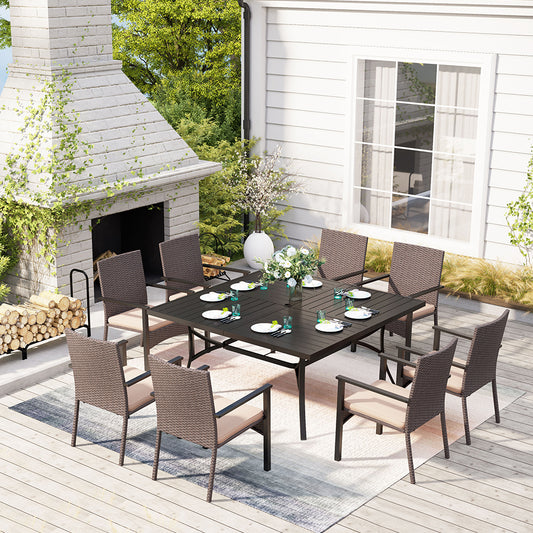 MFSTUDIO 9-Piece Patio Dining Set Extra Large Square Table & Beige-cushion Rattan Fixed Chairs