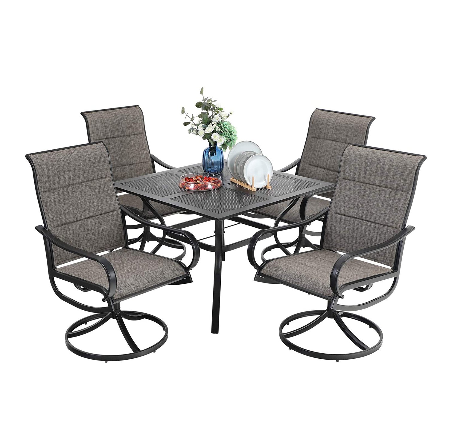 PHI VILLA Mesh Square Table and 4 Textilene Swivel Chairs 5-Piece Outdoor Dining Set