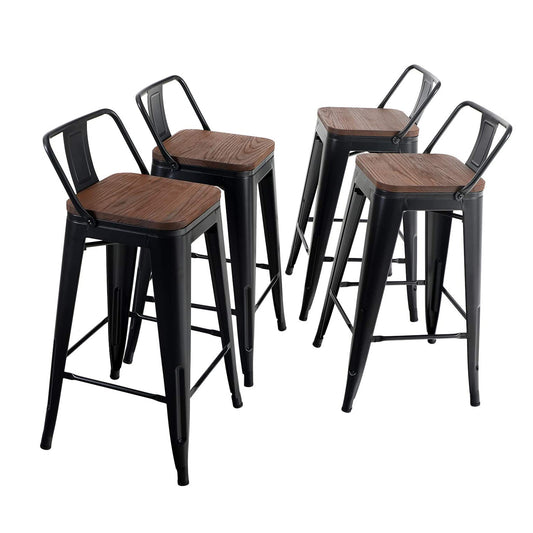PHI VILLA Stackable Counter Height Metal Bar Stools with Wooden Seat, Set of 4