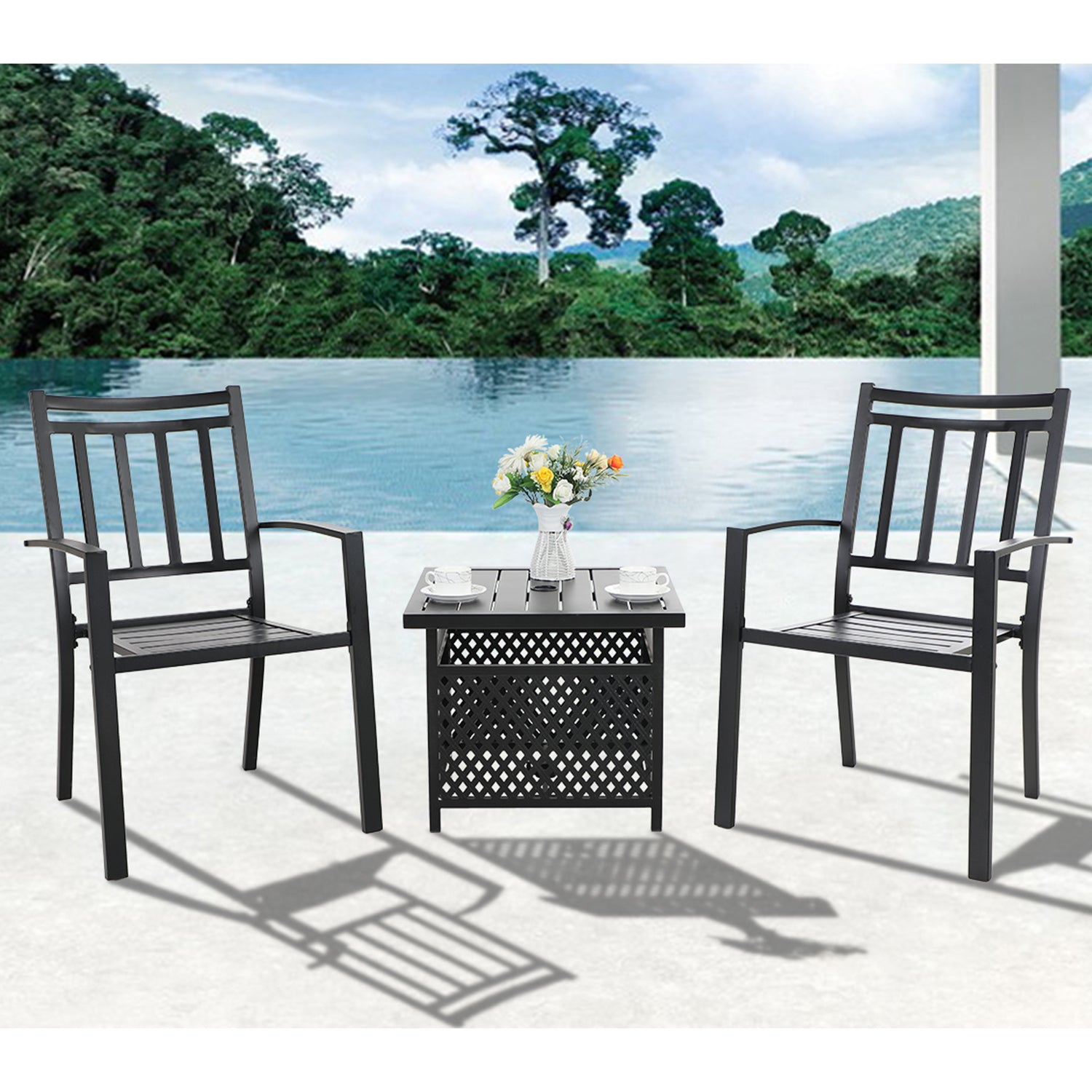 PHI VILLA Umbrella Base Table and 2 Stripe Chairs 3-Piece Outdoor Patio Bistro Set