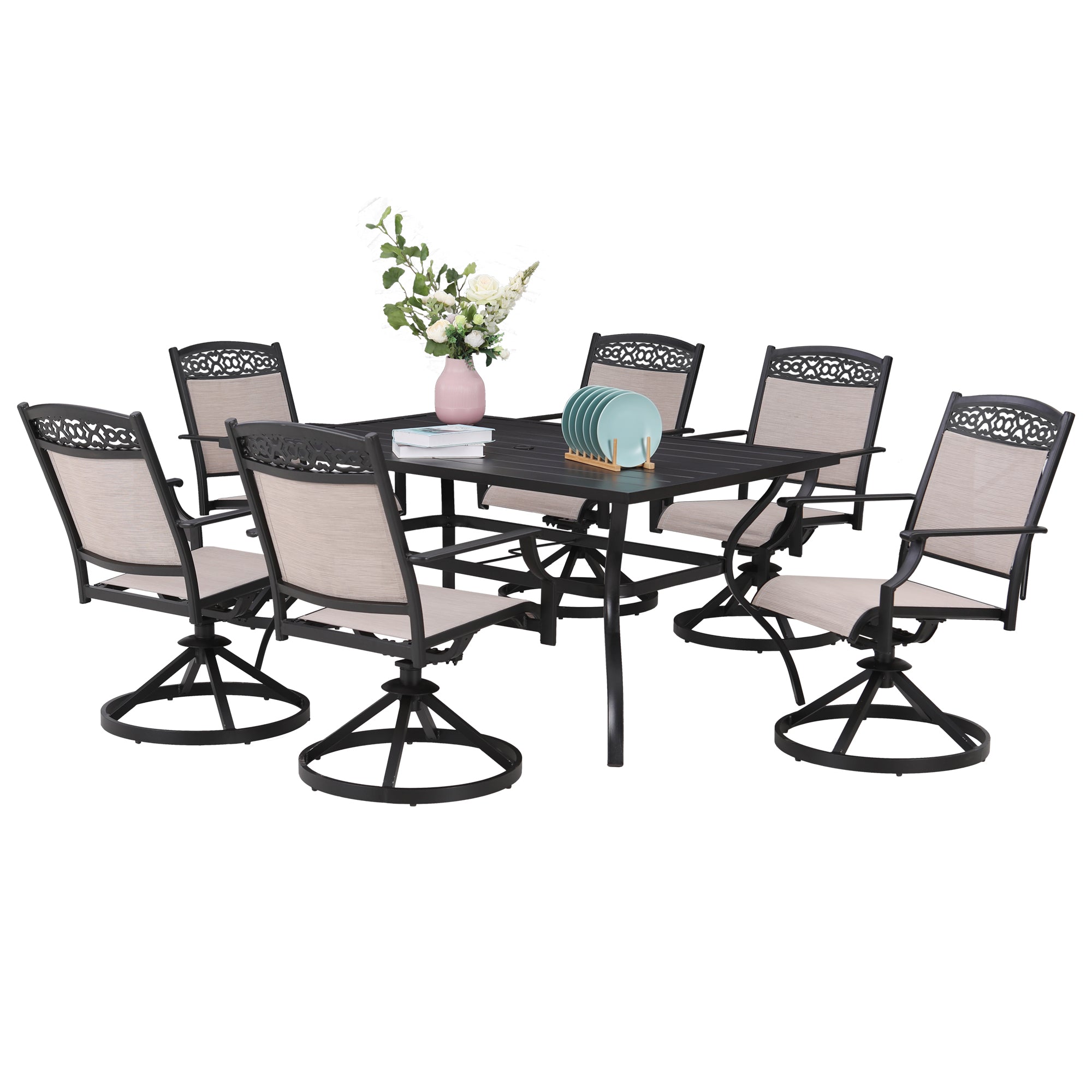 Sophia & William 7-Piece Cast Aluminum Pattern Textilene Dining Chairs & Steel Rectangle Table Outdoor Patio Dining Set