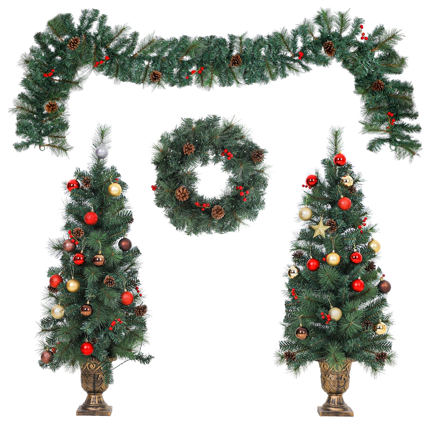 PHI VILLA Artificial PVC Christmas 4-Piece Set of Garland,Tree & Wreath Set