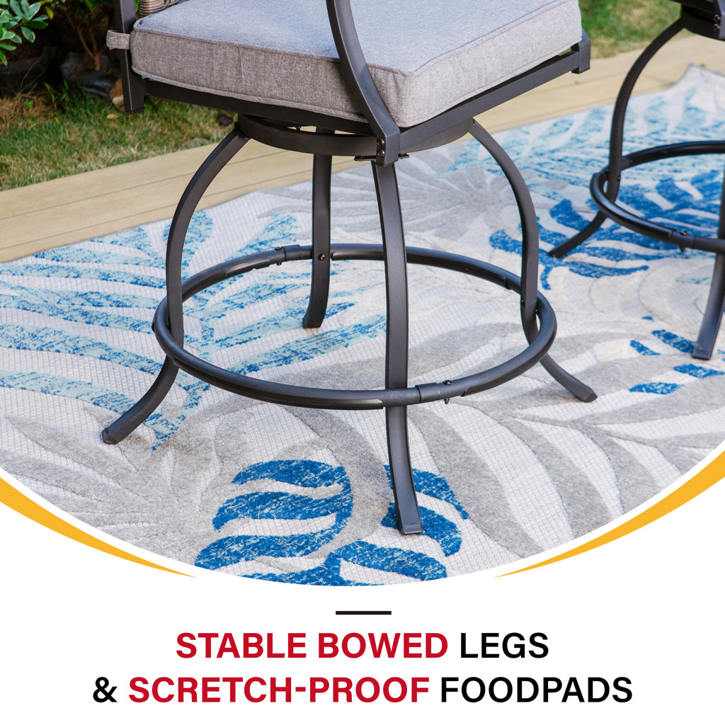 PHI VILLA Swivel Bar Stool Set Rattan Backrest & 3.5" Padded Grey Cush