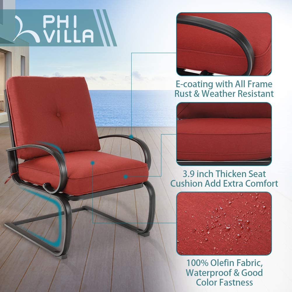 PHI VILLA Outdoor C-Spring Metal Lounge Cushioned Chairs Bistro Set