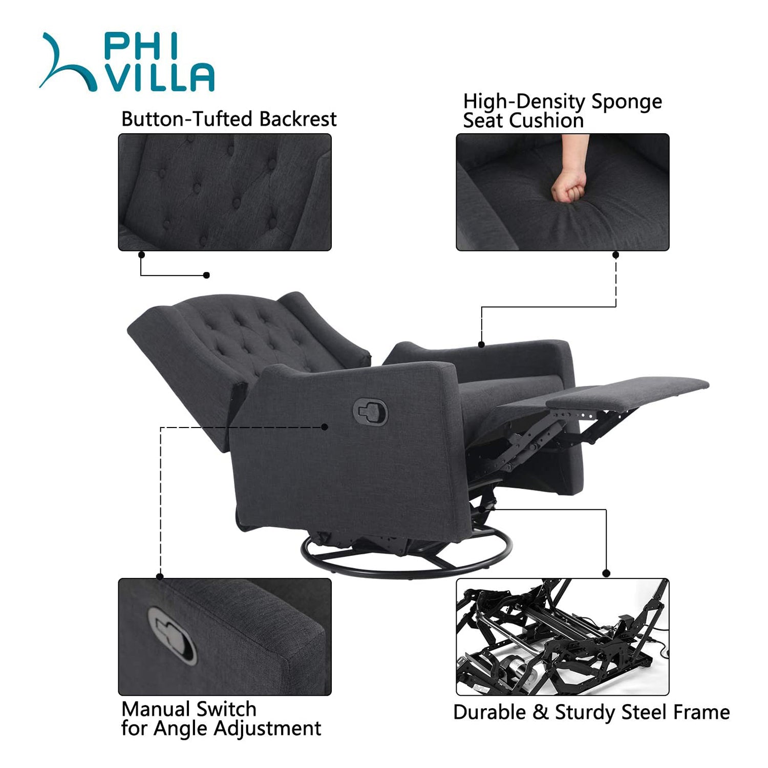 PHI VILLA Adjustable Living Room Recliner, Swivel Sofa Lounge Chair