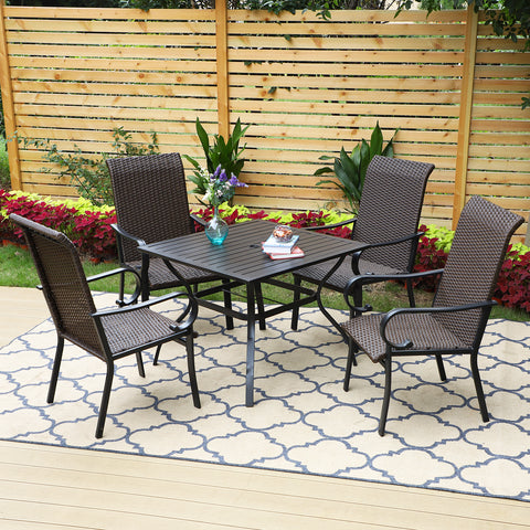 PHI VILLA 5-Piece Patio Dining Set of Steel Square Table & Rattan Dining Chairs