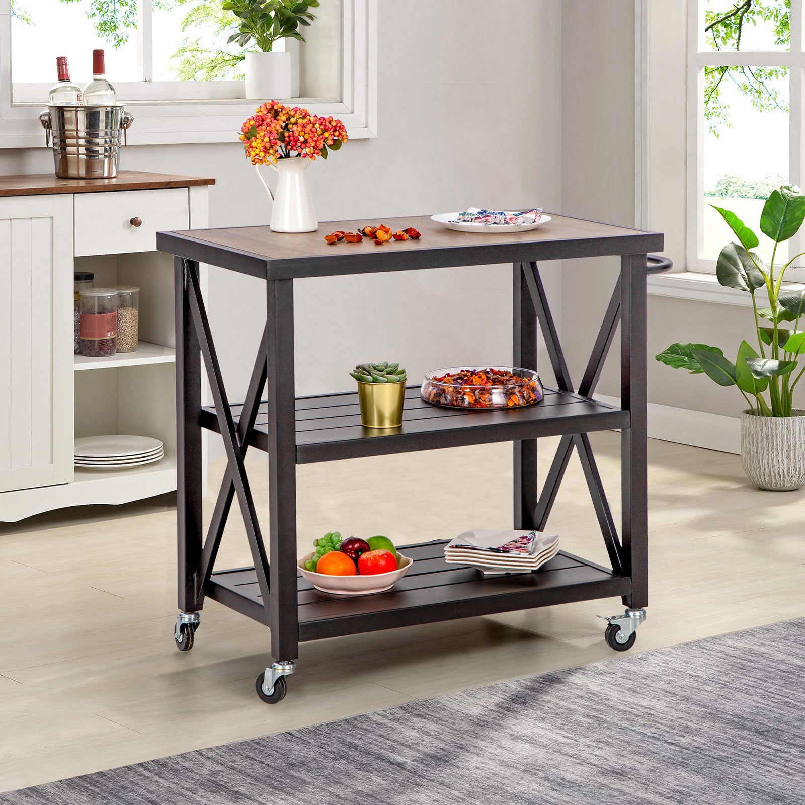PHI VILLA Mobile 3-Tier Kitchen Cart with Metal Frames, For Outdoor and Indoor Use