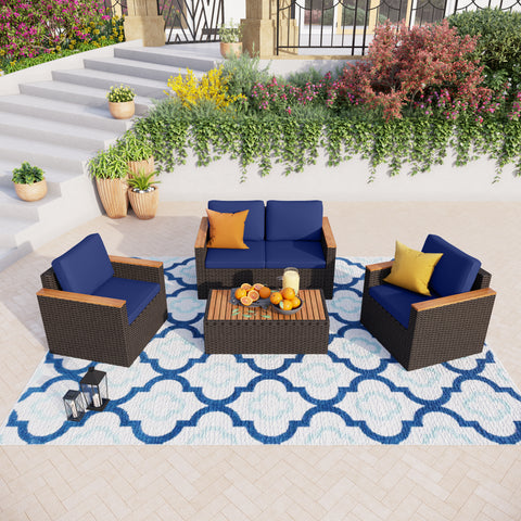MFSTUDIO 4-Piece Patio Wicker Sectional Sofa Conversation Sets with Table