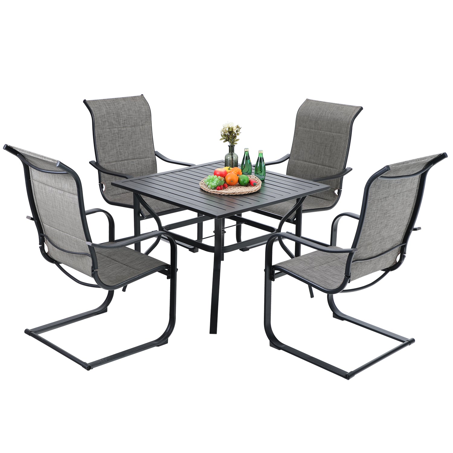 MFSTUDIO Steel Square Table & 4 Textilene C-Spring Chairs 5-Piece Outdoor Dining Set
