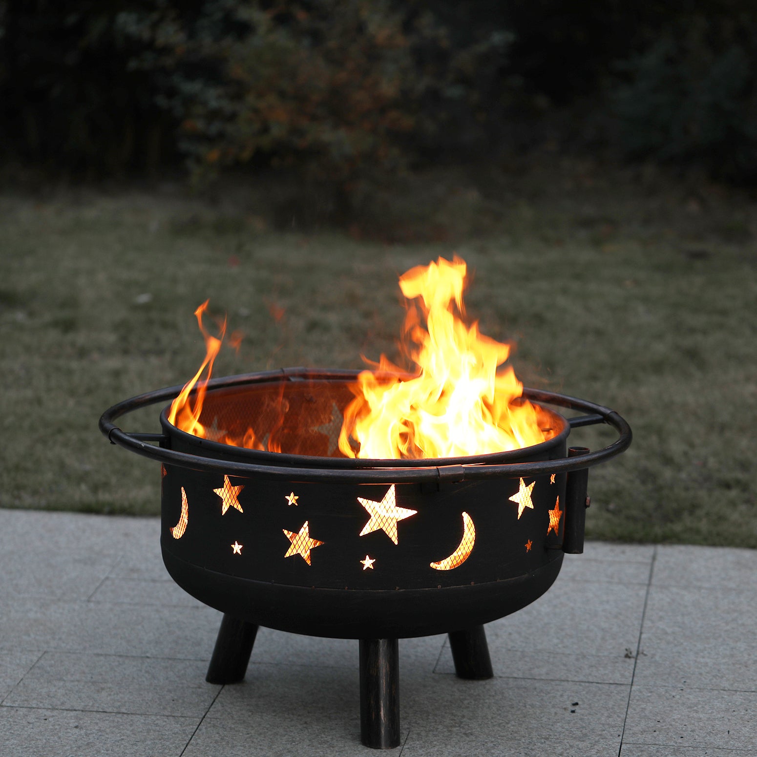 PHI VILLA 30" 2-In-1 Moon & Star Pattern Patio Fire Pit with Grilling Grid