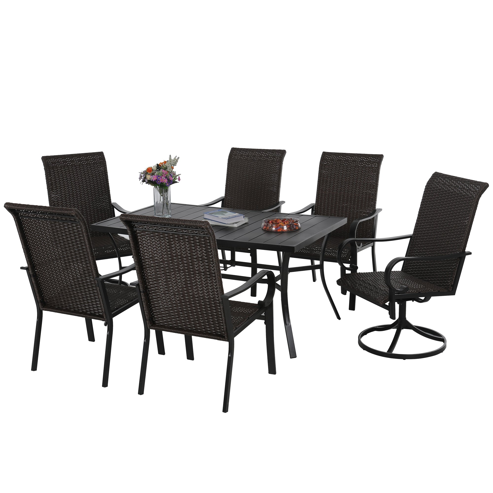 PHI VILLA 7-Piece Patio Dining Set Steel Panel Table & 6 Rattan Swivel Chairs