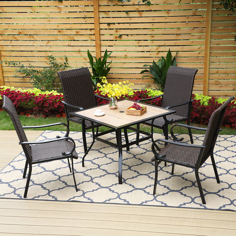 PHI VILLA 5-Piece Rattan Dining Chairs & Wood-look Square Table Patio Dining Set