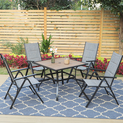 MFSTUDIO 5-Piece Wood-look Square Table & Padded Textilene Foldable Chairs Patio Dining Set