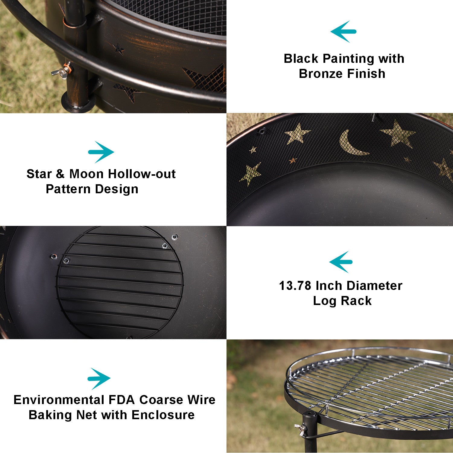 PHI VILLA 30" 2-In-1 Moon & Star Pattern Patio Fire Pit with Grilling Grid